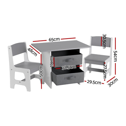 Keezi Kids Table and 2 Chairs Set Wooden Activity Table wit 2 Storage Drawers, Toddler Table and Chair Set for Children Drawing, Reading, Crafts, Eating, Grey.