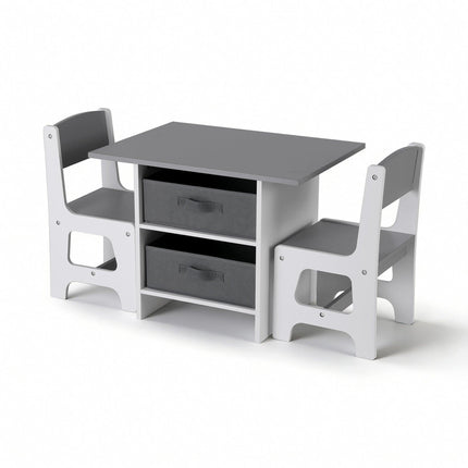 Keezi Kids Table and 2 Chairs Set Wooden Activity Table wit 2 Storage Drawers, Toddler Table and Chair Set for Children Drawing, Reading, Crafts, Eating, Grey.
