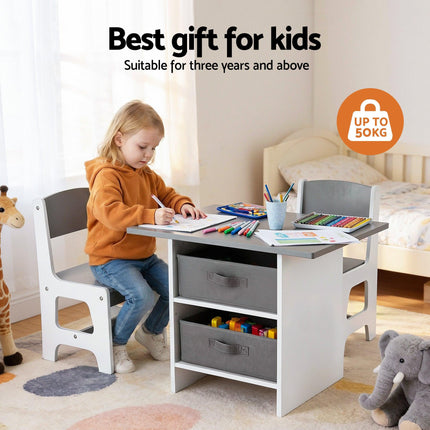 Keezi Kids Table and 2 Chairs Set Wooden Activity Table wit 2 Storage Drawers, Toddler Table and Chair Set for Children Drawing, Reading, Crafts, Eating, Grey.