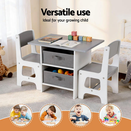 Keezi Kids Table and 2 Chairs Set Wooden Activity Table wit 2 Storage Drawers, Toddler Table and Chair Set for Children Drawing, Reading, Crafts, Eating, Grey.