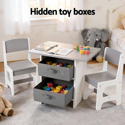 Keezi Kids Table and 2 Chairs Set Wooden Activity Table wit 2 Storage Drawers, Toddler Table and Chair Set for Children Drawing, Reading, Crafts, Eating, Grey.
