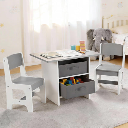 Keezi Kids Table and 2 Chairs Set Wooden Activity Table wit 2 Storage Drawers, Toddler Table and Chair Set for Children Drawing, Reading, Crafts, Eating, Grey.
