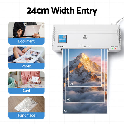 Devanti A4 Laminator Machine, Hot & Cold Thermal Fast Lamination Anti-Jam Laminator for Office School Home Document Photo Card Handmade A4 A5 A6, White.