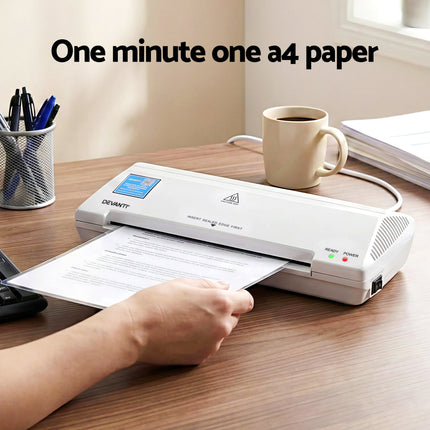Devanti A4 Laminator Machine, Hot & Cold Thermal Fast Lamination Anti-Jam Laminator for Office School Home Document Photo Card Handmade A4 A5 A6, White.