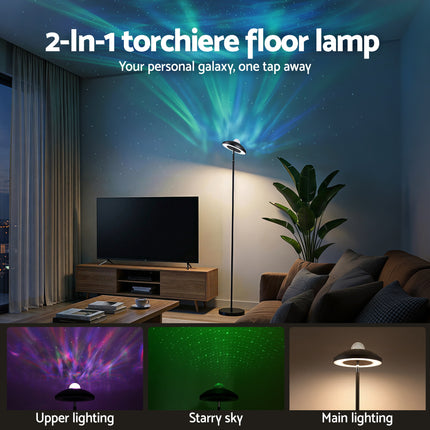 Artiss 2-in-1 LED Floor Lamp with Galaxy Projector &Remote, 178cm Tall Torchiere Standing Light with Dynamic RGB Aurora Stepless 4 Colour Temperatures, 1H Timer for Living Room, Bedroom Kids Room.