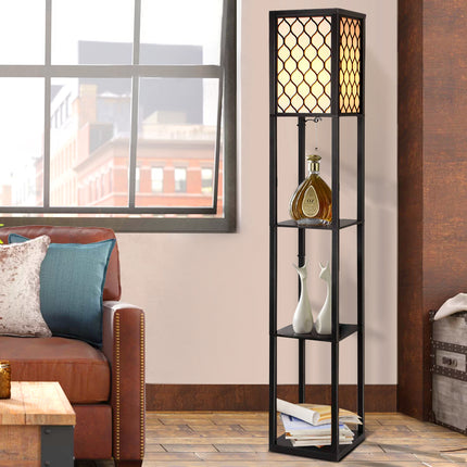 Artiss Floor Lamp 3 Tier Shelf Storage LED Light Stand Home Room Pattern Black.