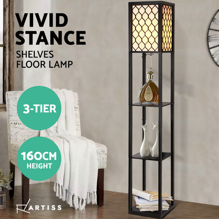 Artiss Floor Lamp 3 Tier Shelf Storage LED Light Stand Home Room Pattern Black.