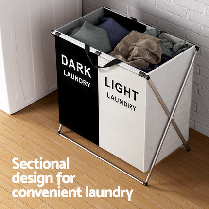 Artiss Laundry Basket Hamper Large Foldable Washing Clothes Storage 2 Sections.