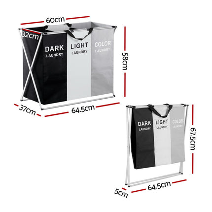 Artiss Laundry Basket Hamper Large Foldable Washing Clothes Storage 3 Sections.