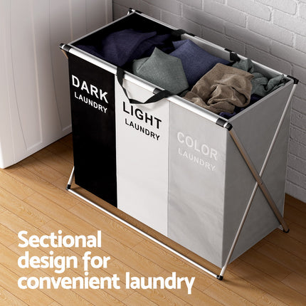 Artiss Laundry Basket Hamper Large Foldable Washing Clothes Storage 3 Sections.