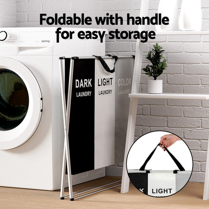 Artiss Laundry Basket Hamper Large Foldable Washing Clothes Storage 3 Sections.