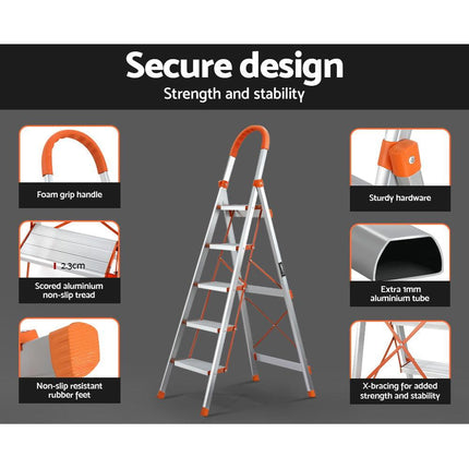 Giantz 5 Step Ladder Multi-Purpose Folding Aluminium Light Weight Non Slip Platform.