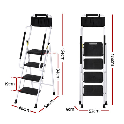 Giantz 4 Step Ladder Multi-Purpose Folding Steel Platform Tool Bag Handrails.
