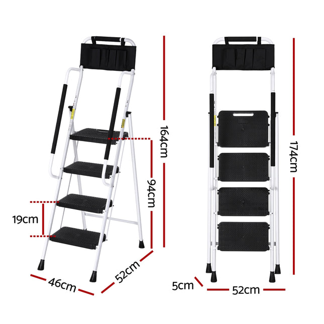 Giantz 4 Step Ladder Multi-Purpose Folding Steel Platform Tool Bag Handrails.