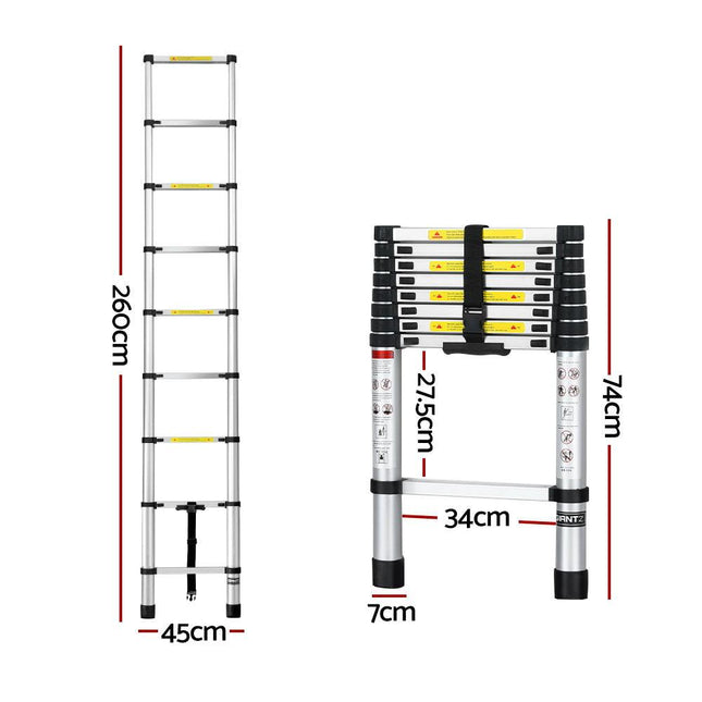 Giantz 2.6M Telescopic Ladder Aluminium Extension Extendable Steps Adjustable Height.