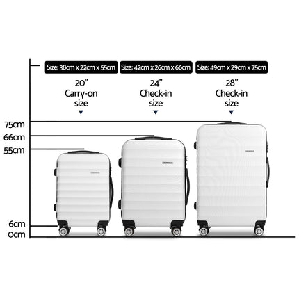 Wanderlite 3Set 20-24-28 Inch Luggage with TSA Lock Spinner Travel Suitcase Carry On Hard Shell Luggage Case White.