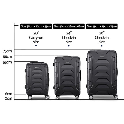 Wanderlite 3Set 20-24-28 Inch Luggage with TSA Lock Spinner Carry On Hard Shell Travel Suitcase Luggage Case Black.