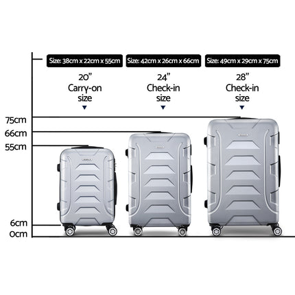 Wanderlite 3Set 20-24-28 Inch Luggage with TSA Lock Spinner Carry On Hard Shell Travel Suitcase Luggage Case Silver.