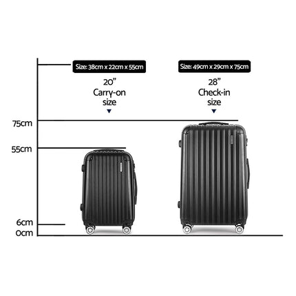 Wanderlite 20in 28in Luggage 2Set with Zipper Lock Carry On Hard Shell Travel Suitcase Luggage Case Black.