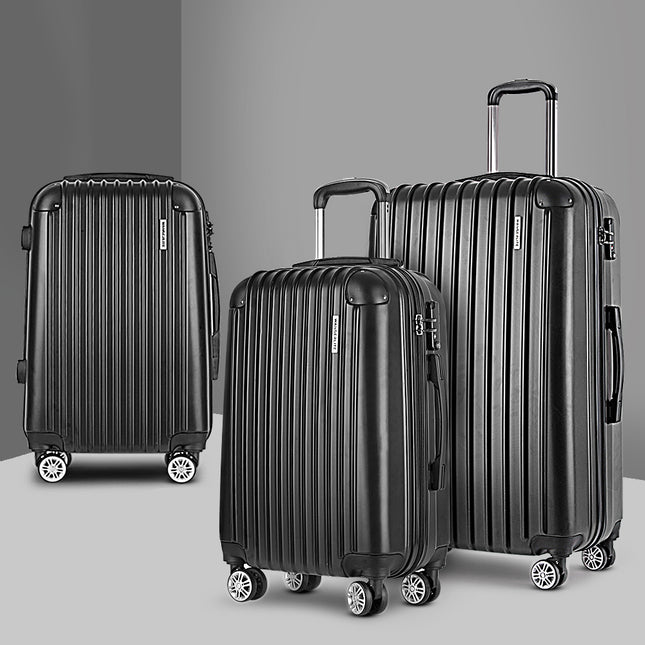 Wanderlite 3 Set Luggage 20-24-28 Inch with Zipper Lock Carry On Hard Shell Travel Suitcase Luggage Case Black.
