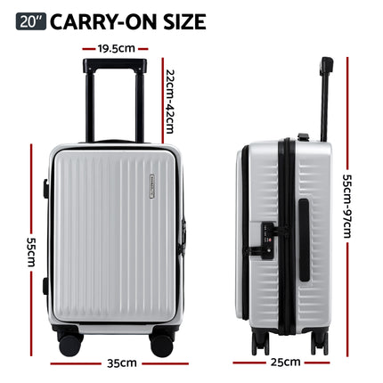 Wanderlite 20" Luggage Suitcase Front Pocket Travel Carry On Dual TSA Silver.