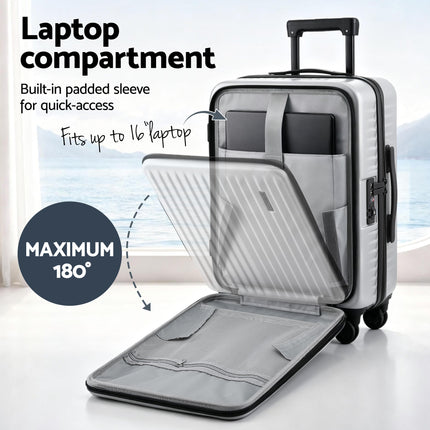 Wanderlite 20" Luggage Suitcase Front Pocket Travel Carry On Dual TSA Silver.