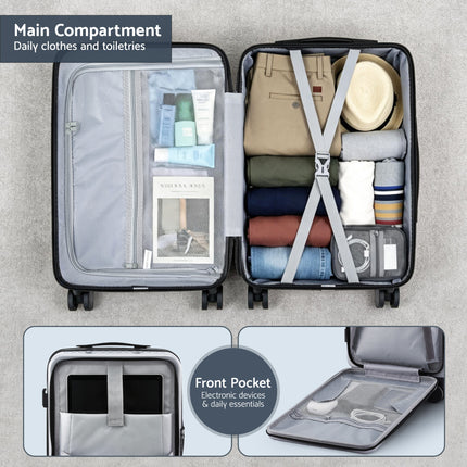 Wanderlite 20" Luggage Suitcase Front Pocket Travel Carry On Dual TSA Silver.