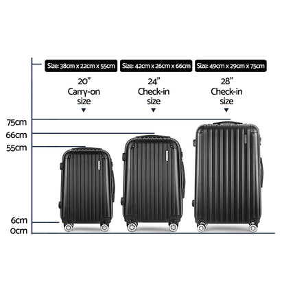 Wanderlite 3 Set Luggage 20-24-28 Inch with TSA Lock Spinner Hard Shell Travel Suitcase Luggage Organiser Case Black.