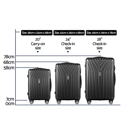 Wanderlite 3 Set Luggage 20-24-28 Inch Suitcase with TSA Lock Carry On Hard Shell Travel Luggage Organiser Case Black.