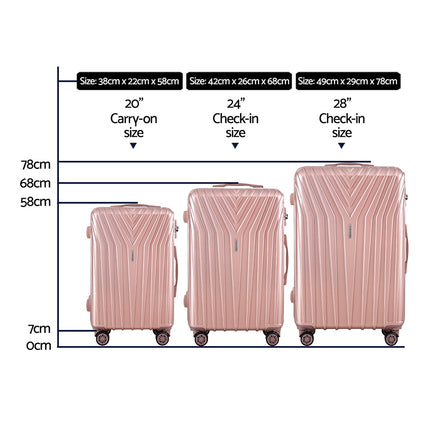 Wanderlite 3 Set Luggage 20-24-28 Inch Suitcase with TSA Lock Carry On Hard Shell Travel Luggage Organiser Case Pink.