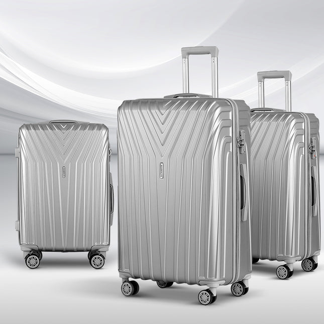 Wanderlite 3 Set Luggage 20-24-28 Inch Suitcase with TSA Lock Carry On Hard Shell Travel Luggage Organiser Case Silver.