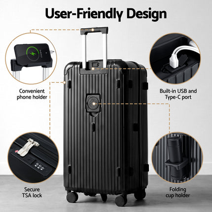 Wanderlite 28" Trunk Luggage Suitcase Travel 5 Wheels Type-C Port TSA Black.