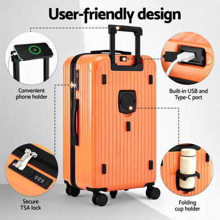 Wanderlite 28" Trunk Luggage Suitcase Travel 5 Wheels Type-C Port TSA Orange.