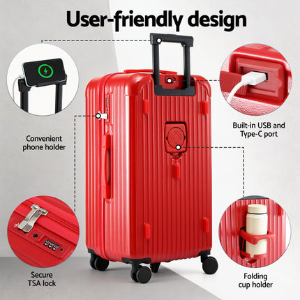 Wanderlite 28" Trunk Luggage Suitcase Travel 5 Wheels Type-C Port TSA Red.