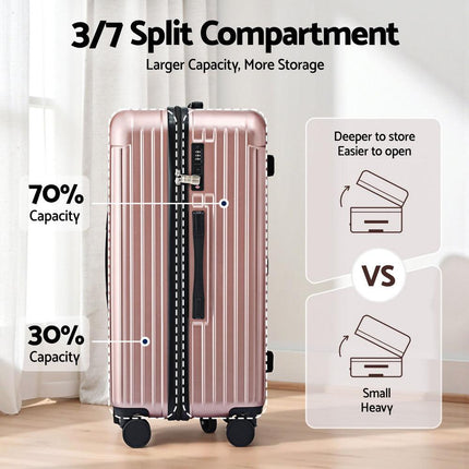 Wanderlite 28" Trunk Luggage Suitcase Travel 5 Wheels Type-C Port TSA Rose Gold.