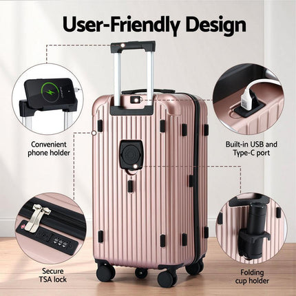 Wanderlite 28" Trunk Luggage Suitcase Travel 5 Wheels Type-C Port TSA Rose Gold.