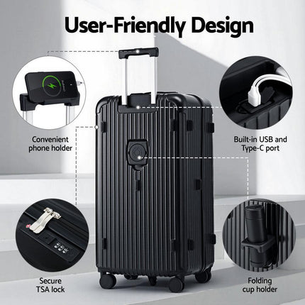 Wanderlite 32" Trunk Luggage Suitcase Travel 5 Wheels Type-C Port TSA Black.