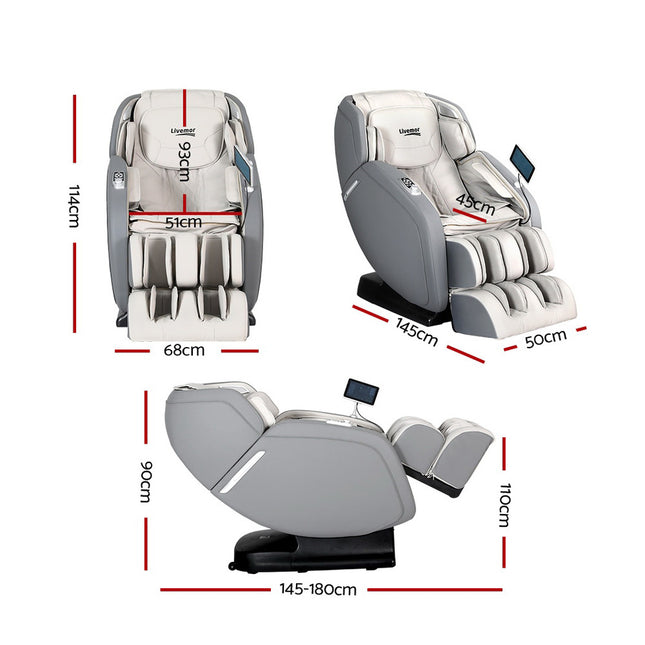 Livemor 4D Massage Chair Recliner - Full Body SL-Track Zero Gravity with AI Body Scan, Deep Tissue Electric Massager with Heat, 12 Auto Programs, LCD Touchscreen & Bluetooth, Grey.