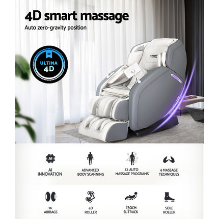Livemor 4D Massage Chair Recliner - Full Body SL-Track Zero Gravity with AI Body Scan, Deep Tissue Electric Massager with Heat, 12 Auto Programs, LCD Touchscreen & Bluetooth, Grey.