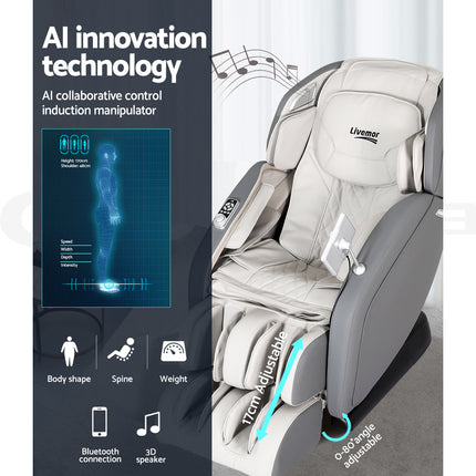 Livemor 4D Massage Chair Recliner - Full Body SL-Track Zero Gravity with AI Body Scan, Deep Tissue Electric Massager with Heat, 12 Auto Programs, LCD Touchscreen & Bluetooth, Grey.
