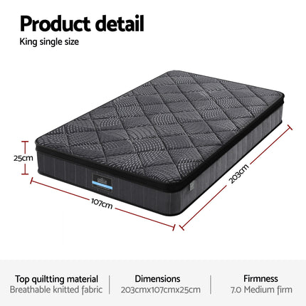 Giselle Bedding King Single Mattress 25cm Pocket Spring Latex Euro Top Medium Firm Bed.
