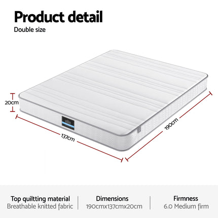 Giselle Double Mattress 20cm with Reinforced Edge Support Egg-Crate Foam.