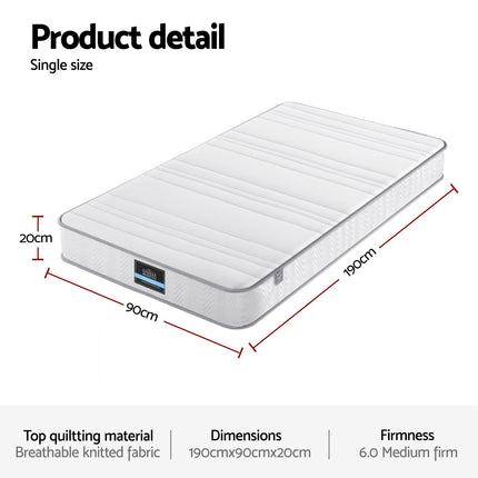 Giselle Single Mattress 20cm with Reinforced Edge Support Egg-Crate Foam.