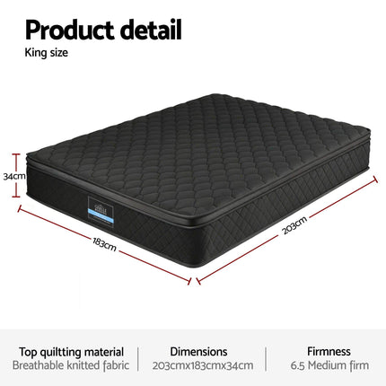 Giselle Bedding King Mattress 34cm Euro Top with 5-Zone Pocket Spring Support Black.