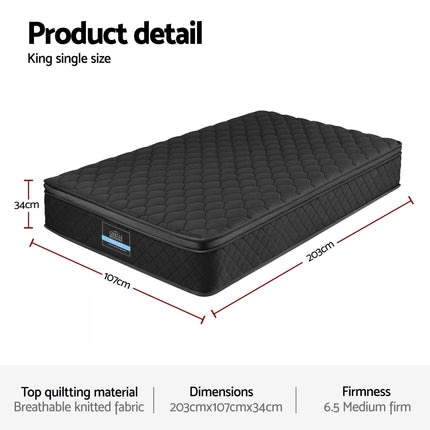 Giselle Bedding King Single Mattress 34cm Euro Top with 5-Zone Pocket Spring Support Black.