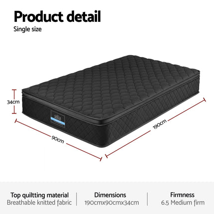 Giselle Bedding Single Mattress 34cm Euro Top with 5-Zone Pocket Spring Support Black.