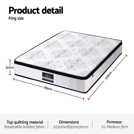 Giselle Bedding King Mattress 30cm Pocket Spring Euro Top Medium Firm Foam.