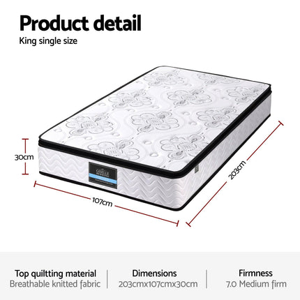 Giselle Bedding King Single Mattress 30cm Pocket Spring Euro Top Medium Firm Foam.