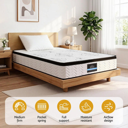 Giselle Bedding King Single Mattress 30cm Pocket Spring Euro Top Medium Firm Foam.