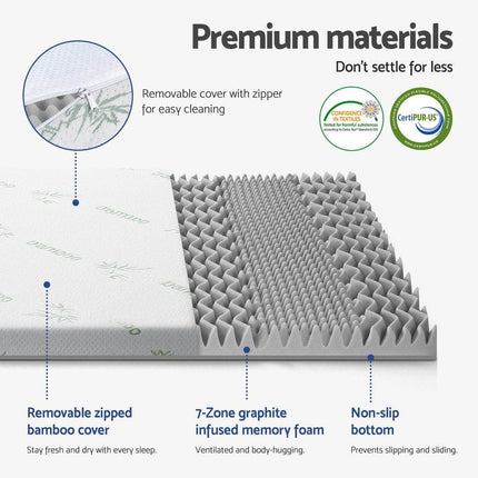 Giselle Bedding 8cm Memory Foam Mattress Topper 7-Zone Graphite Queen.